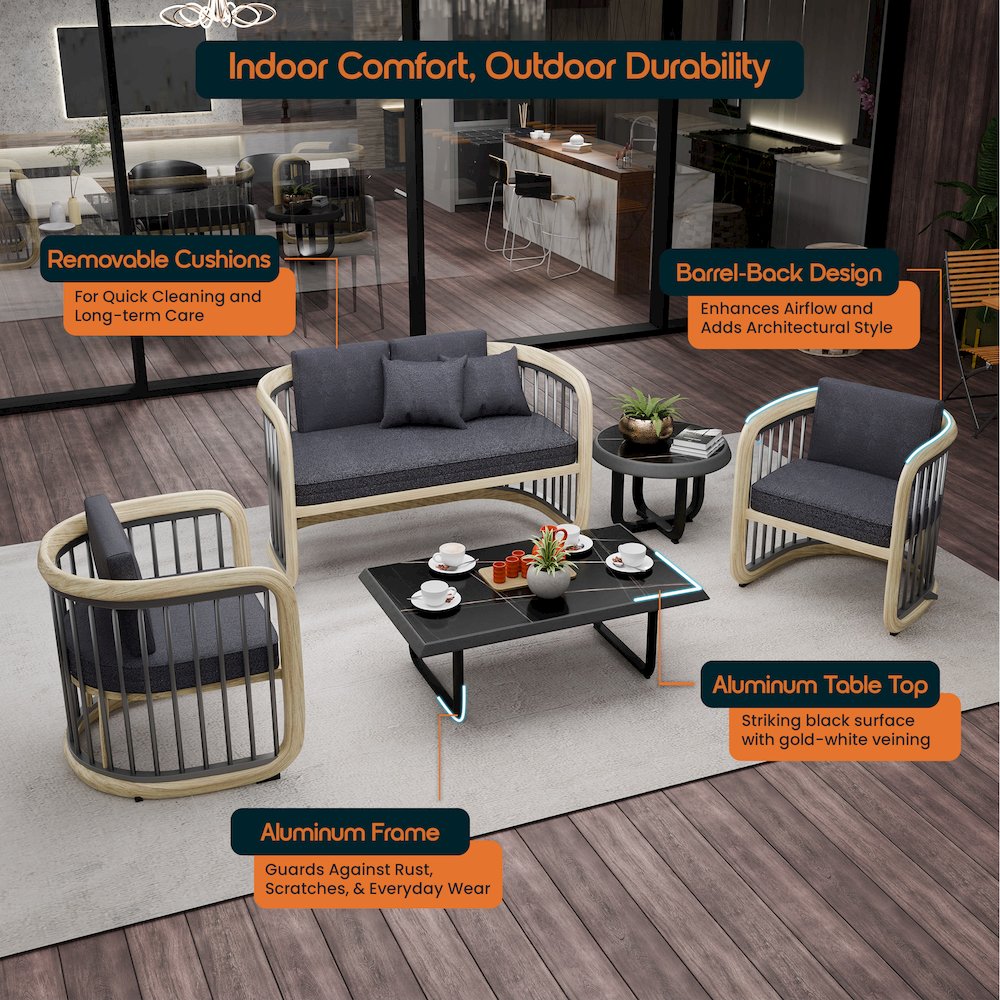 Klyra 5-Piece Aluminum Conversation Set with 2 accent chair in Grey