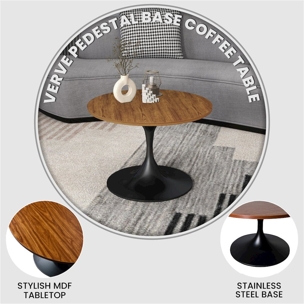 Verve Coffee Table Black base with 27" round Brown Wood MDF top