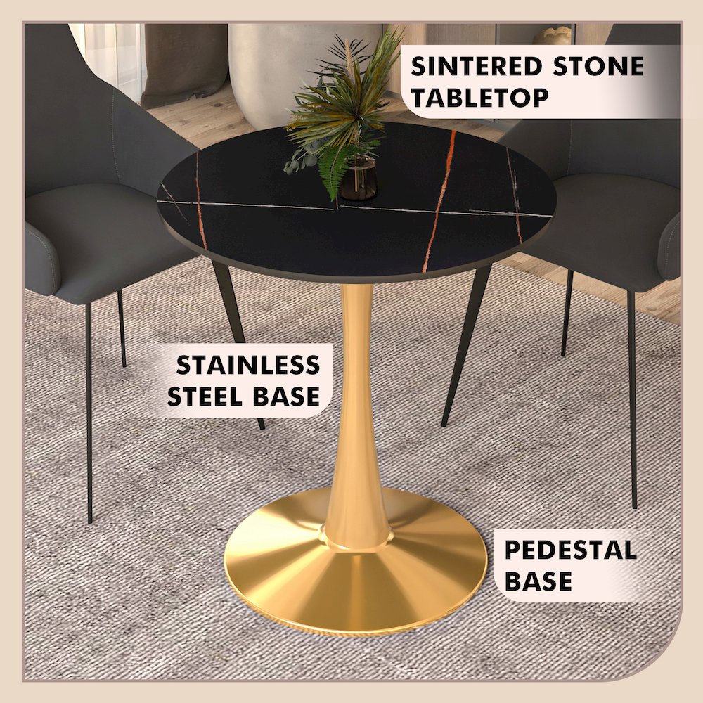 Bristol 24 round dining table Gold base with Black Sintered stone Top