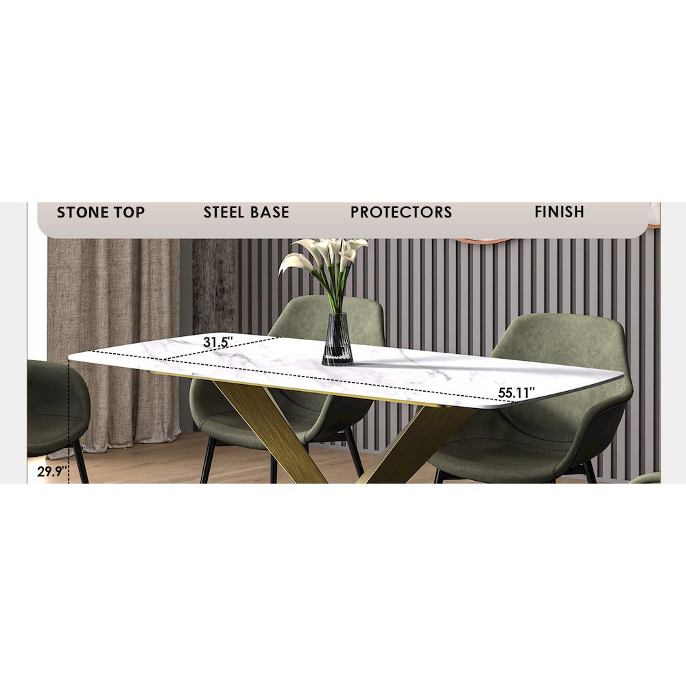 Voren Series Modern Dining Table Gold Base, With 55" White Sintered Stone Top