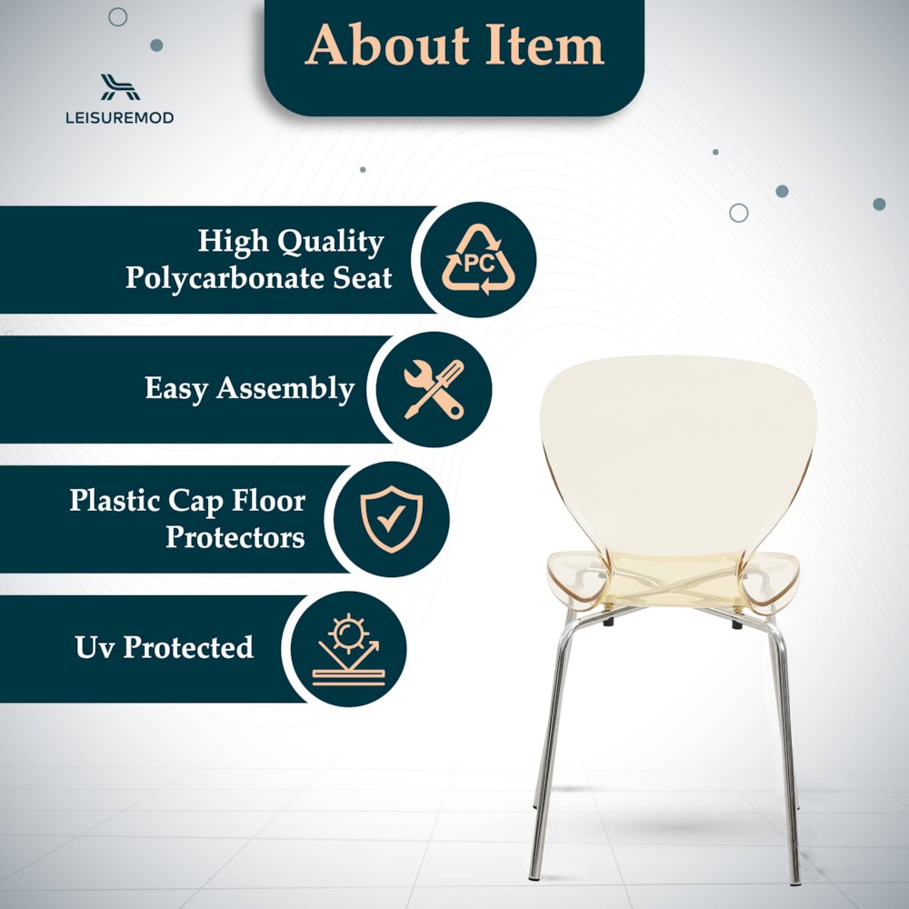 Modern Oyster Side Chair in Transparent Orange with Chromed Base