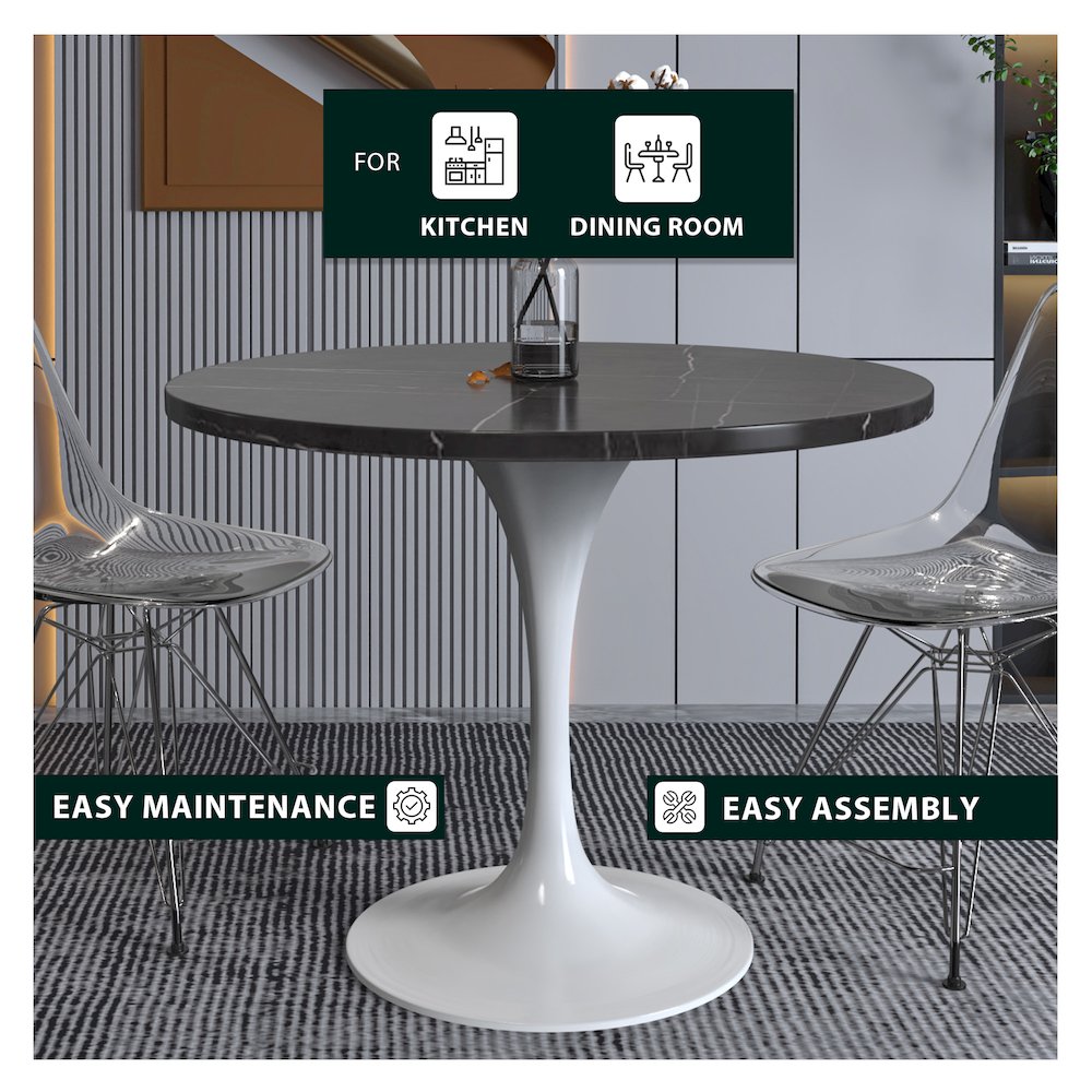 Verve Collection 36 Round Dining Table, White Base with Sintered Stone Black Top