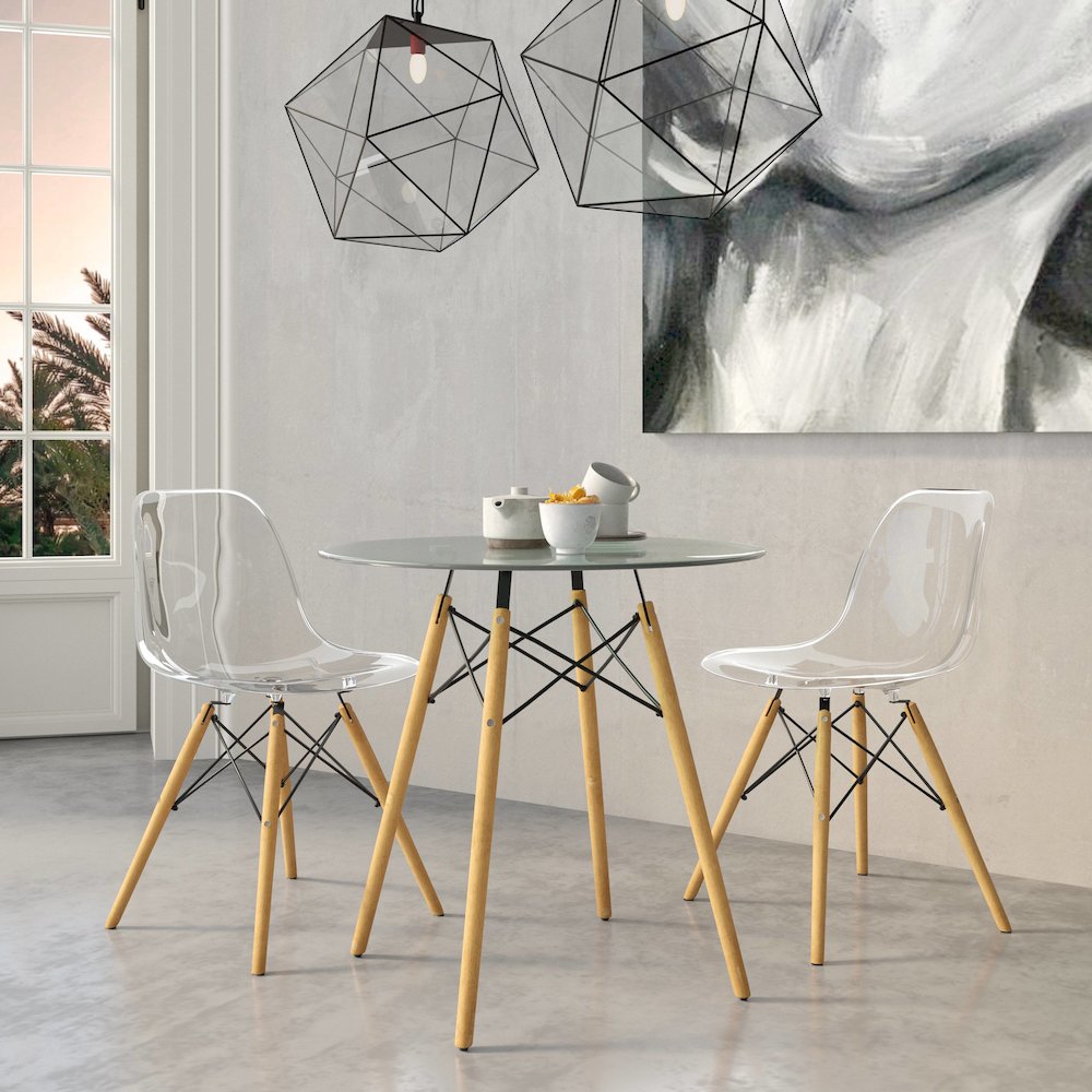 Dover 3-Piece Dining Set with Round Clear Glass Top Bistro Table in Clear
