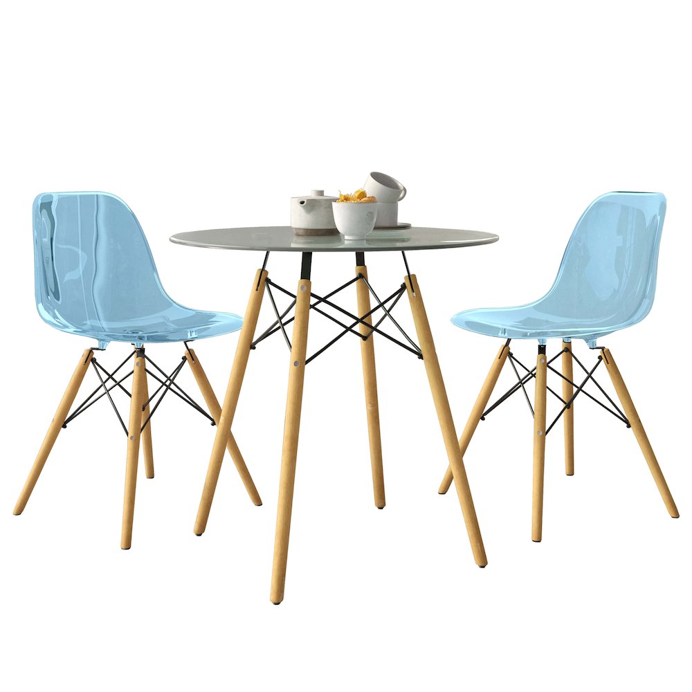 Dover 3-Piece Dining Set with Round Clear Glass Top Bistro Table in Blue