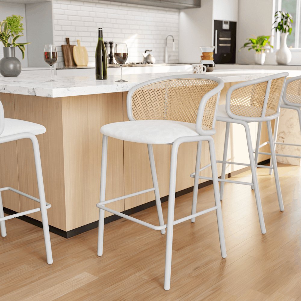 Ervilla Mid-Century Modern Wicker Bar Stool in White