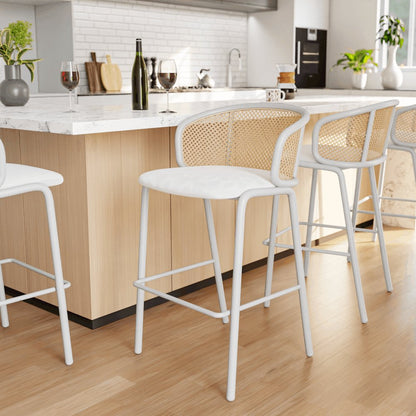 Ervilla Mid-Century Modern Wicker Bar Stool in White