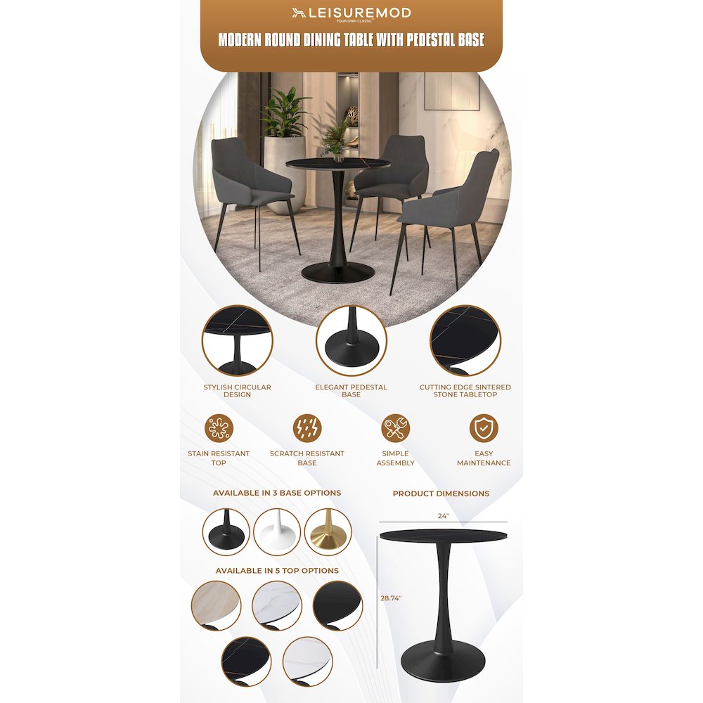 Bristol 24 round dining table Black base with Black Sintered stone Top