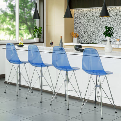 Cresco Modern Acrylic Barstool with Chrome Base and Footrest in Transparent Blue