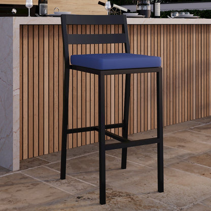 Chelsea Collection Modern Aluminum Outdoor Bar Chair in black with Blue Cushions