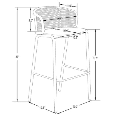Ervilla Mid-Century Modern Wicker Bar Stool in Grey