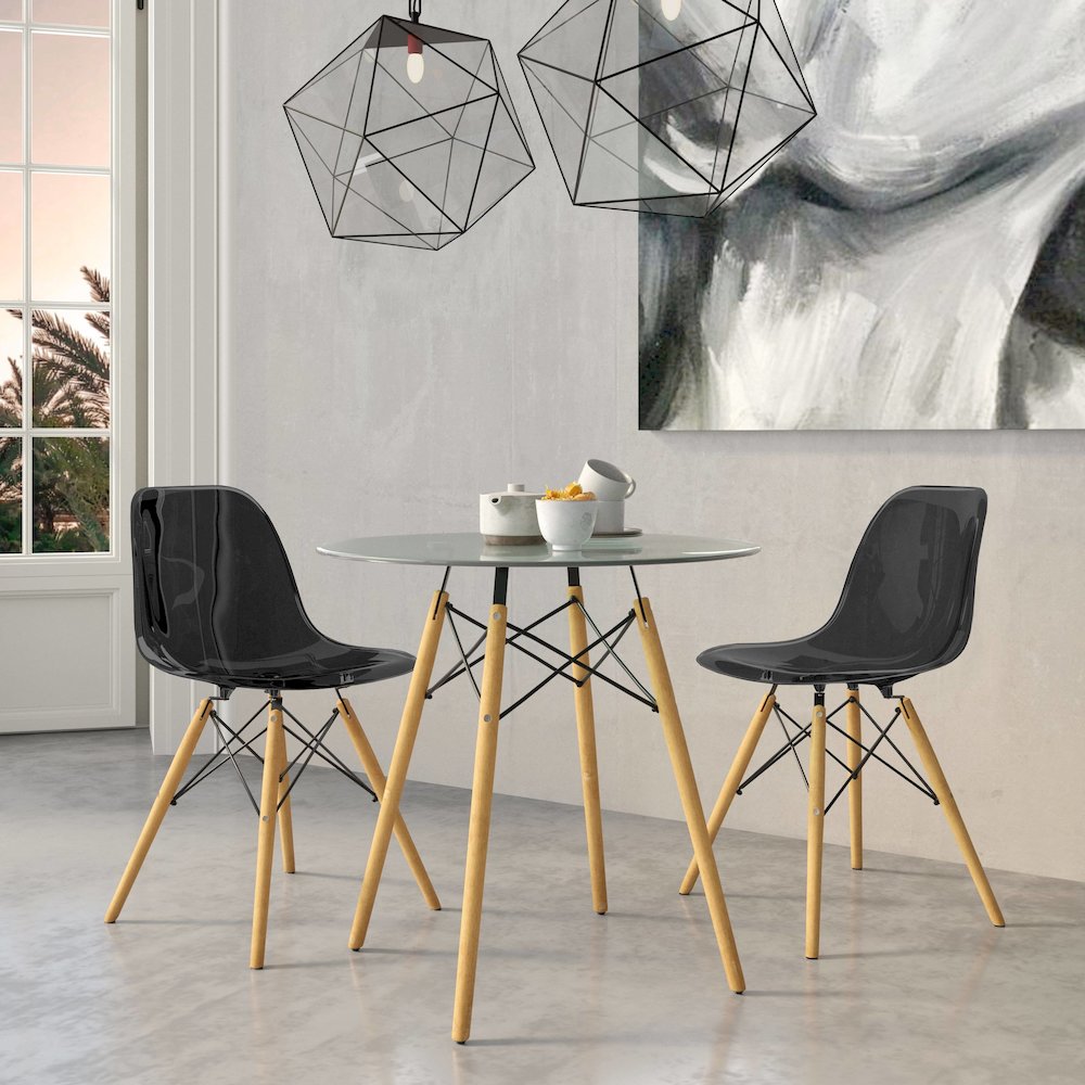 Dover 3-Piece Dining Set with Round Clear Glass Top Bistro Table in Black