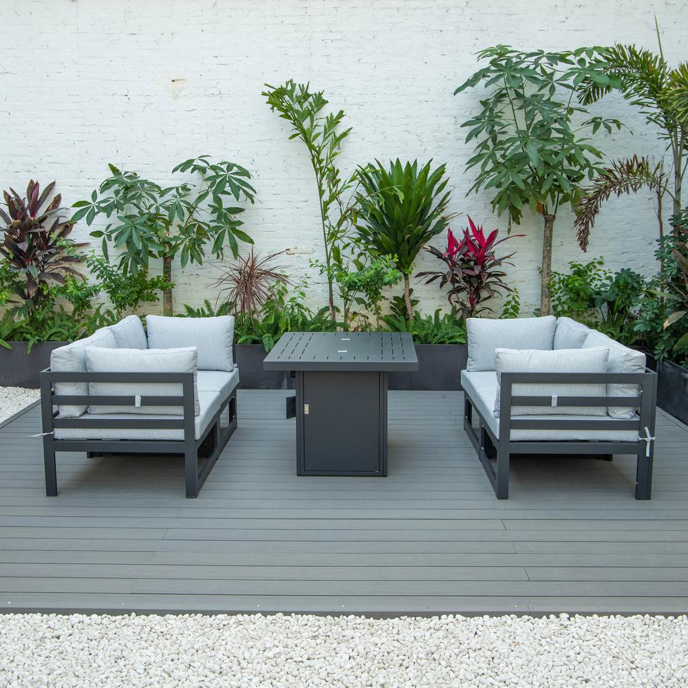 LeisureMod Chelsea 5-Piece Sectional Loveseat and Fireplace Set Black Aluminum with Cushions, Light Grey
