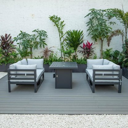 LeisureMod Chelsea 5-Piece Sectional Loveseat and Fireplace Set Black Aluminum with Cushions, Light Grey