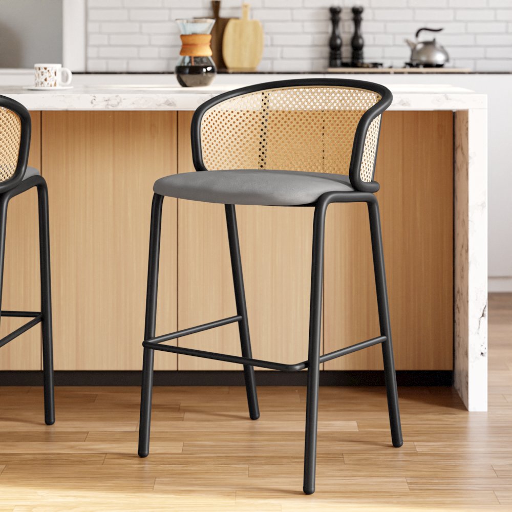 Ervilla Mid-Century Modern Wicker Bar Stool in Grey