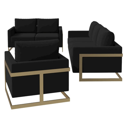 Lincoln 3-Piece Velvet Living Room Sofa Set With Gold Frame