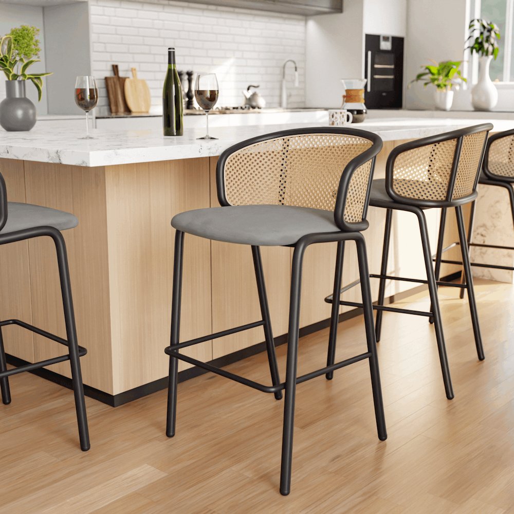Ervilla Mid-Century Modern Wicker Bar Stool in Grey