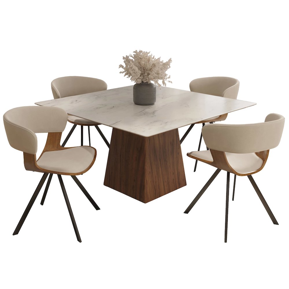 5-Piece Dining Set with Square Dining Table in Walnut/Light Brown Velvet