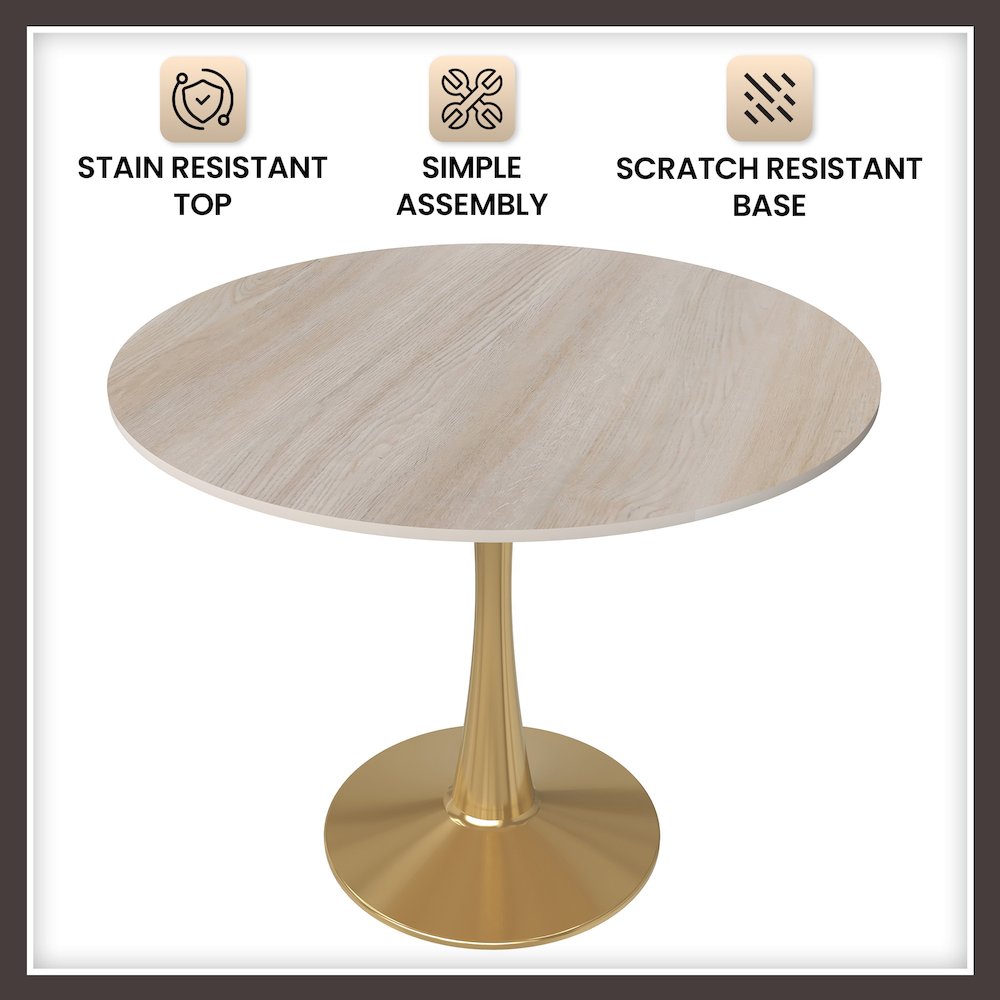 Bristol 31" Round Dining Table Gold Base with Sintered Stone Natural Wood Top