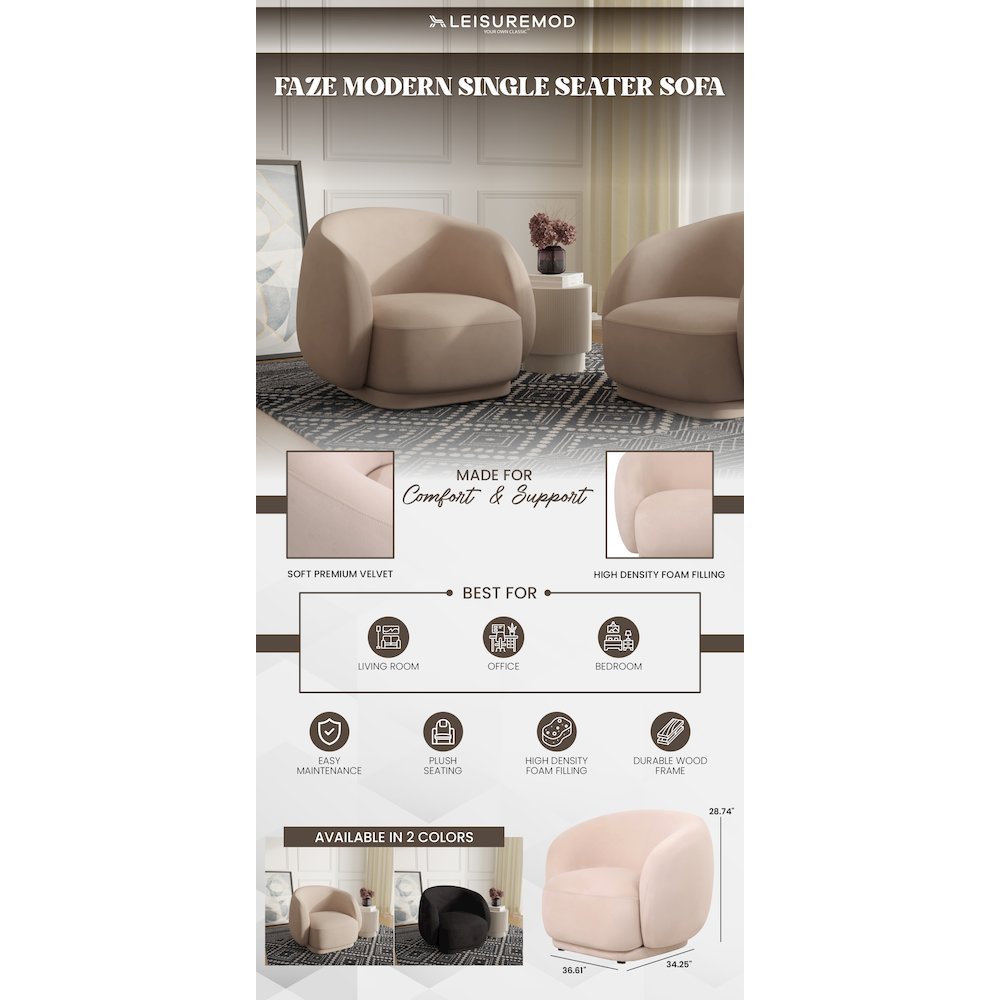 Faze Collection Modern Single Seater Sofa in Beige Velvet