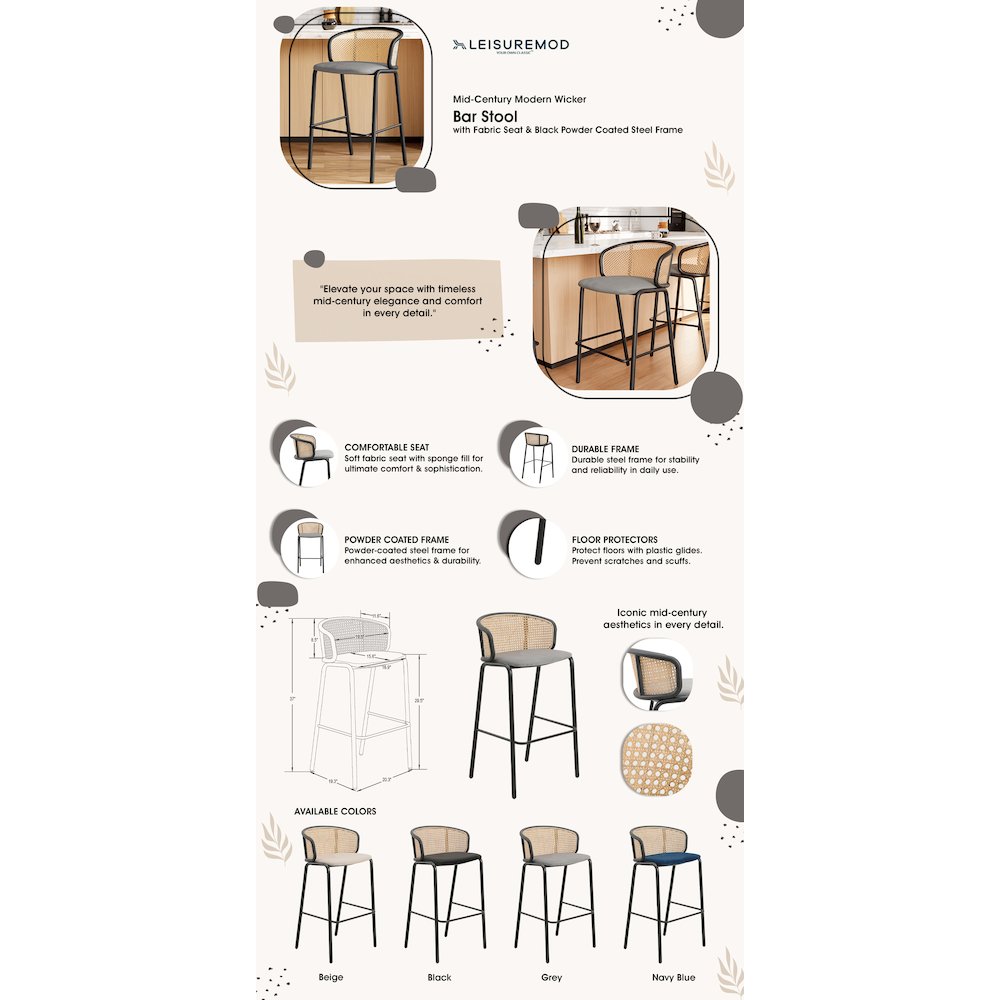 Ervilla Mid-Century Modern Wicker Bar Stool in Grey