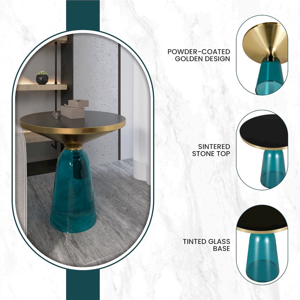 Tully Collection Glass side Table Blue glass, Gold Rim with Black Glass top