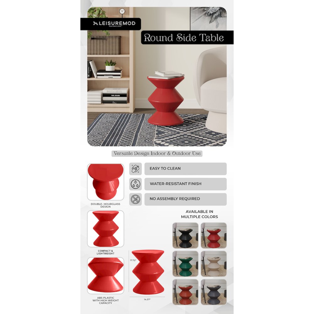 Aura Modern Plastic Side End Table, Indoor/Outdoor Use, Red