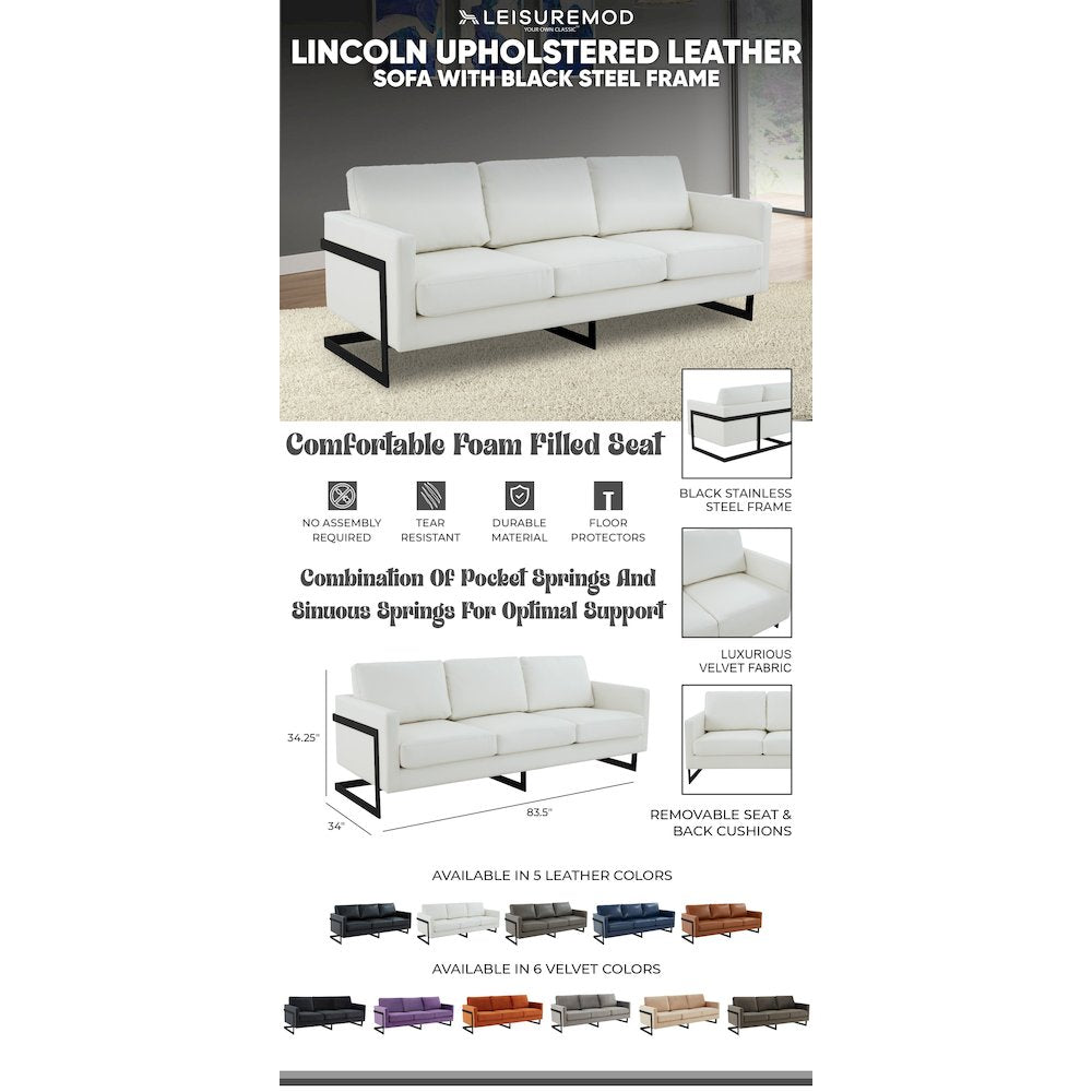 Lincoln White Leather Sofa With Black Frame