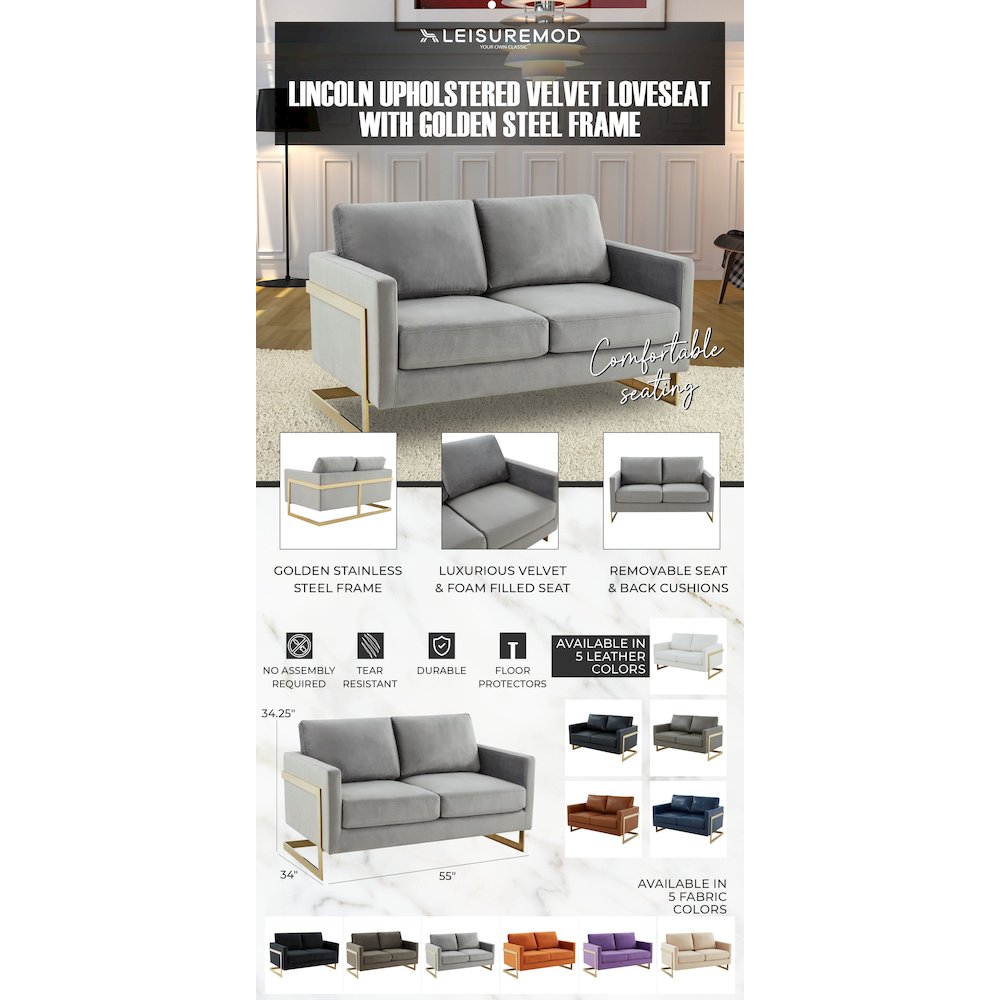 Lincoln Modern Mid-Century Upholstered Velvet Loveseat with Gold Frame