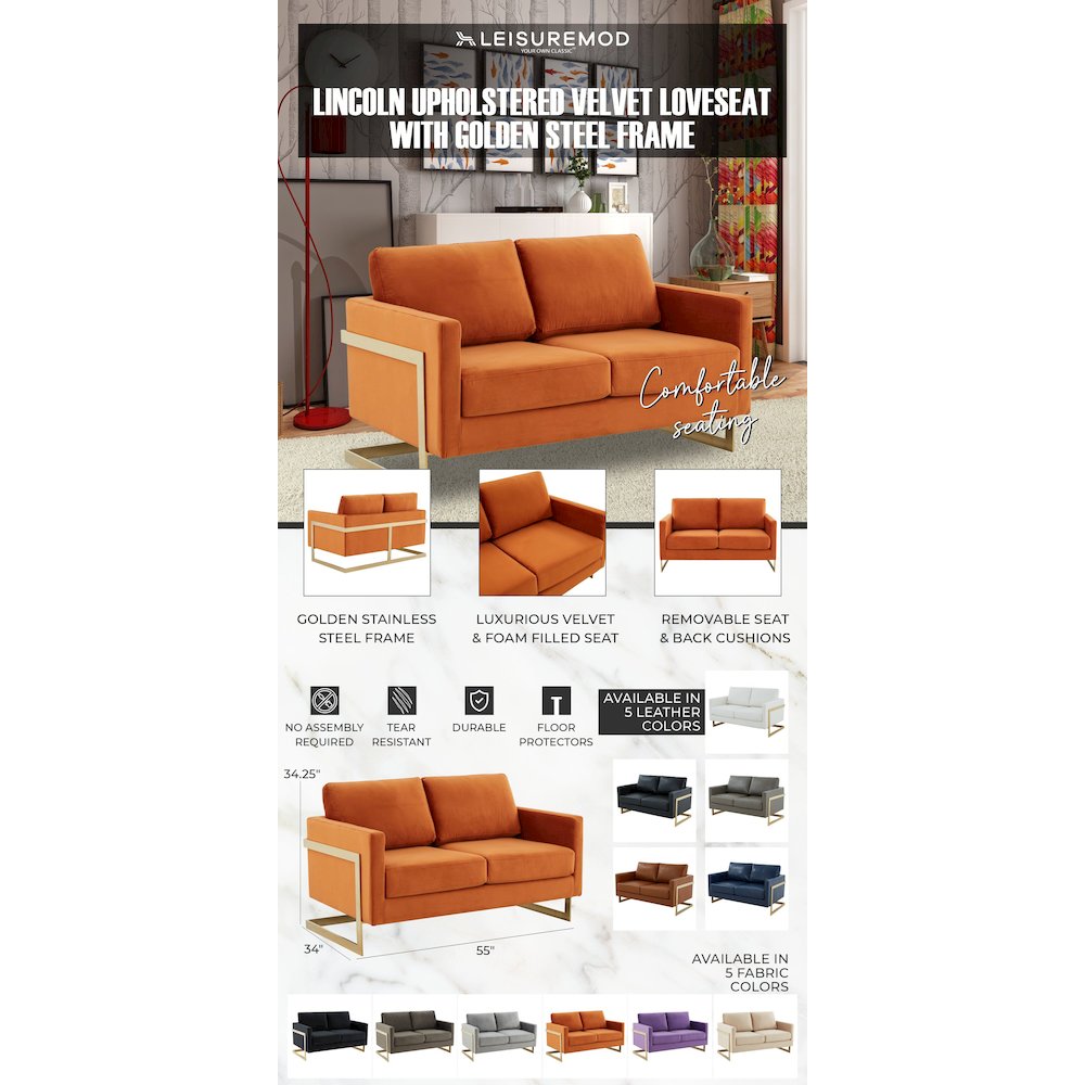 Lincoln Modern Mid-Century Upholstered Velvet Loveseat with Gold Frame