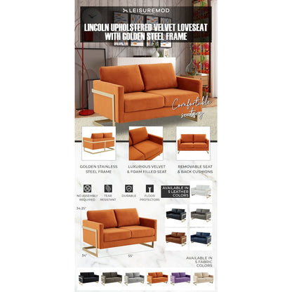 Lincoln Modern Mid-Century Upholstered Velvet Loveseat with Gold Frame
