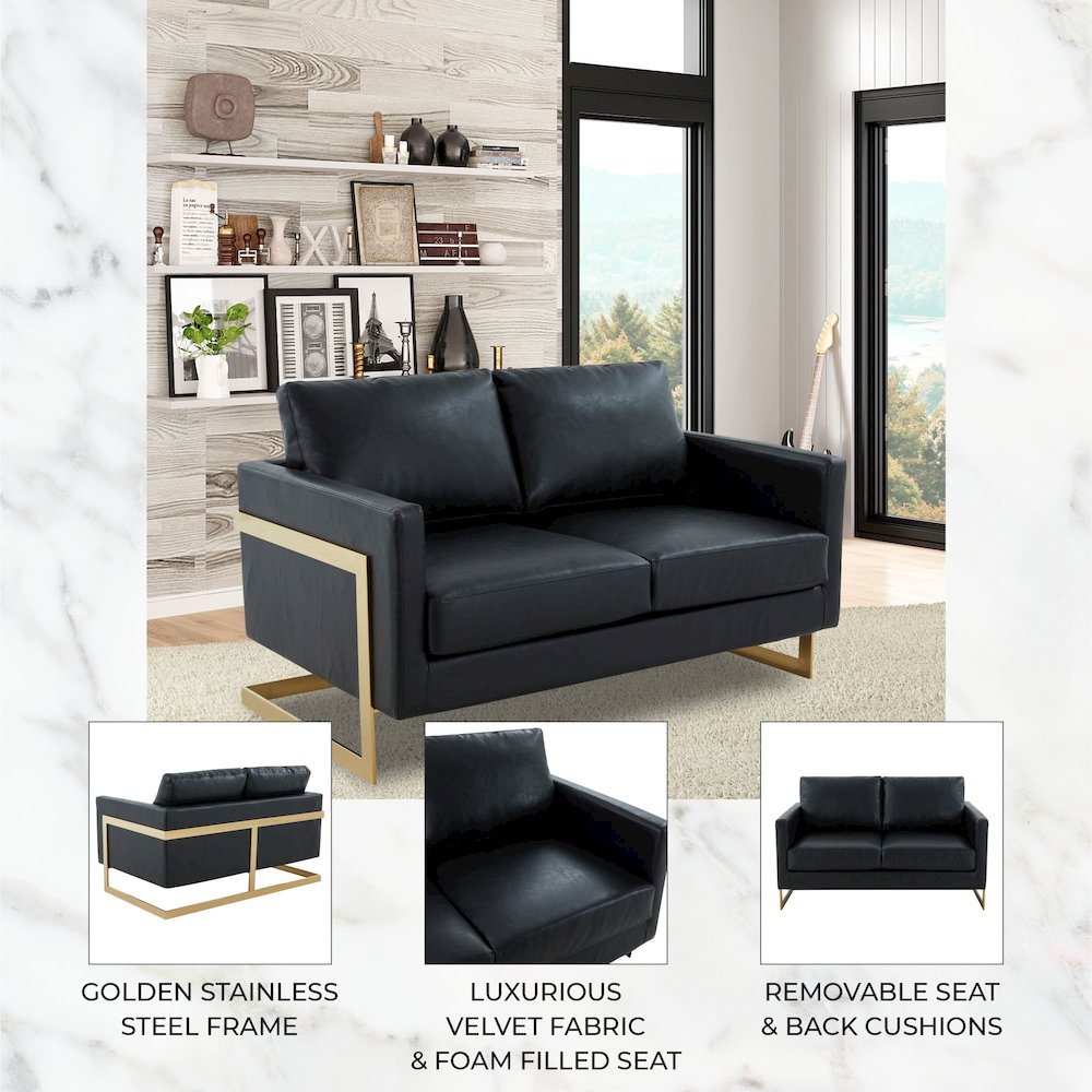 Lincoln Modern Mid-Century Upholstered Leather Loveseat with Gold Frame