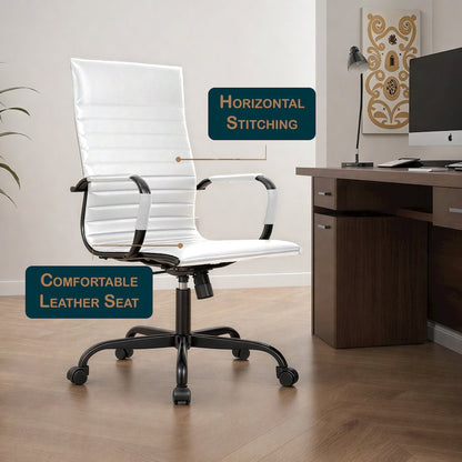 Harris Leather Home High-Back Office Chair in White With Black Frame