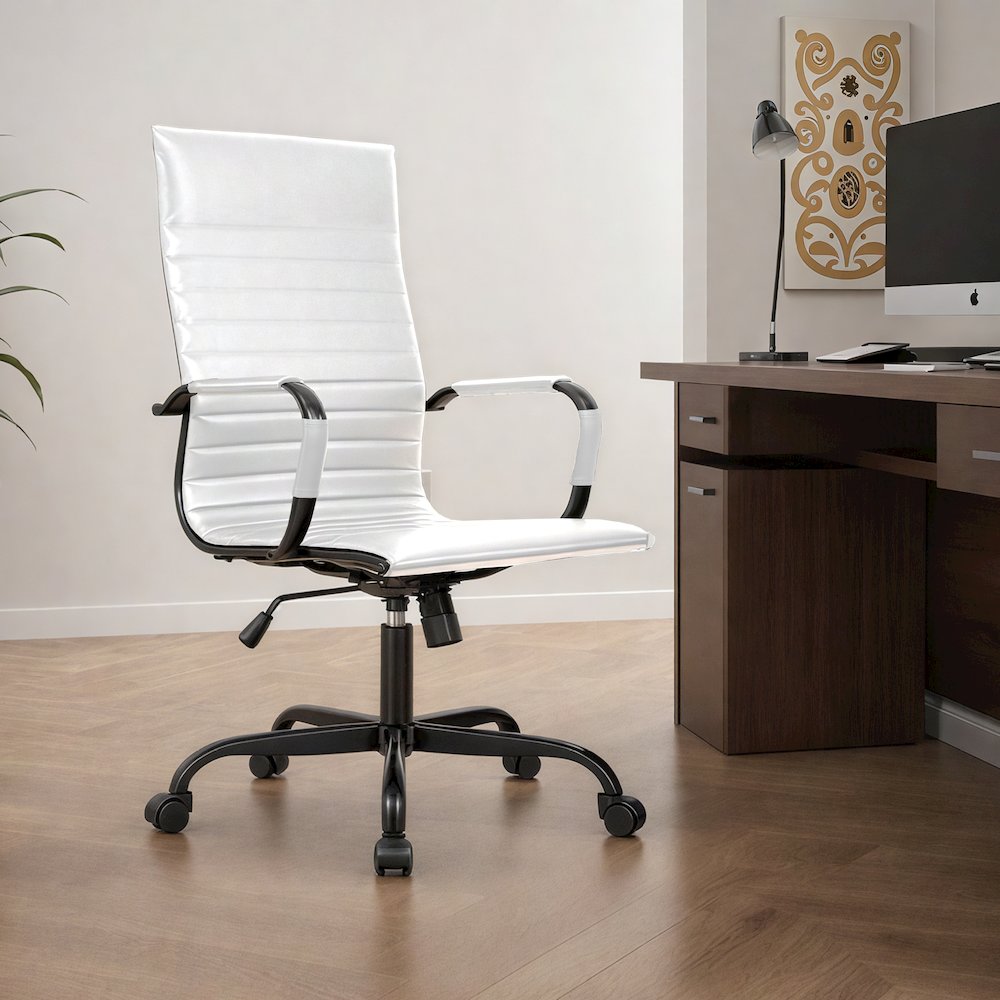 Harris Leather Home High-Back Office Chair in White With Black Frame