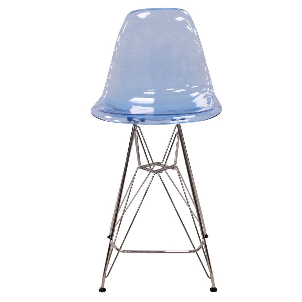 Cresco Modern Acrylic Barstool with Chrome Base and Footrest in Transparent Blue