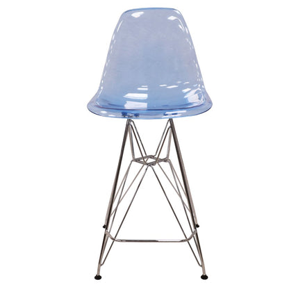 Cresco Modern Acrylic Barstool with Chrome Base and Footrest in Transparent Blue