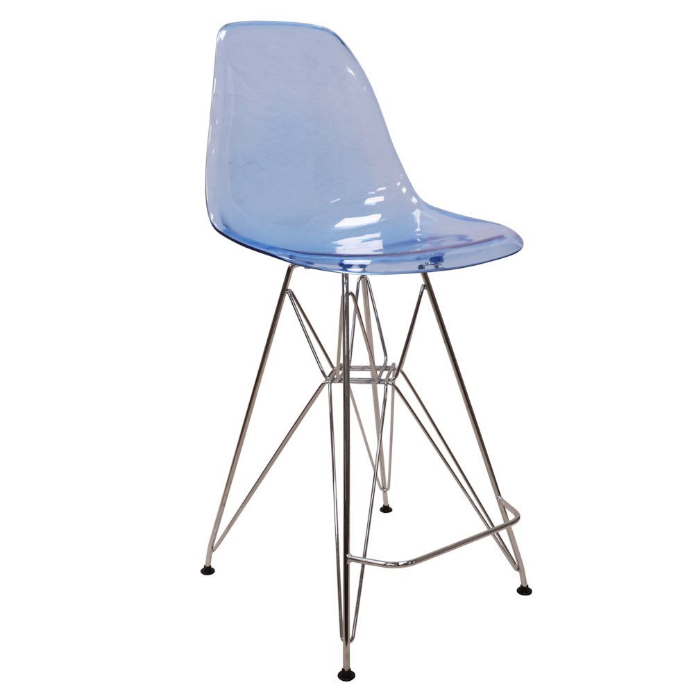 Cresco Modern Acrylic Barstool with Chrome Base and Footrest in Transparent Blue