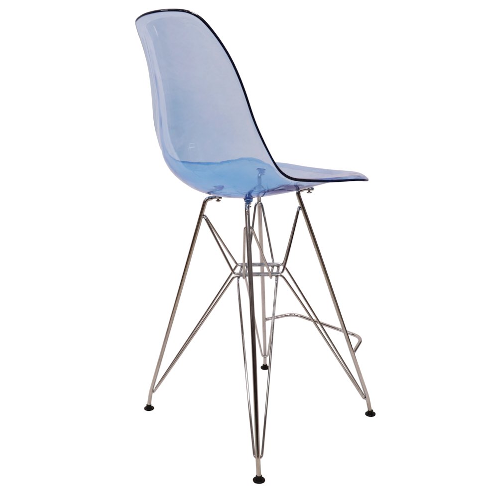 Cresco Modern Acrylic Barstool with Chrome Base and Footrest in Transparent Blue
