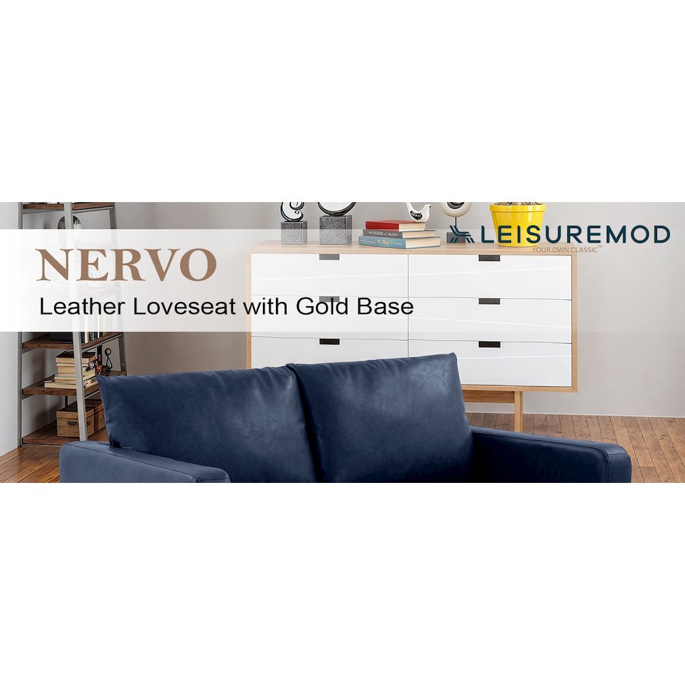Nervo Modern Mid-Century Upholstered Leather Loveseat with Gold Frame