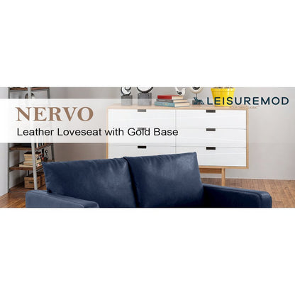Nervo Modern Mid-Century Upholstered Leather Loveseat with Gold Frame