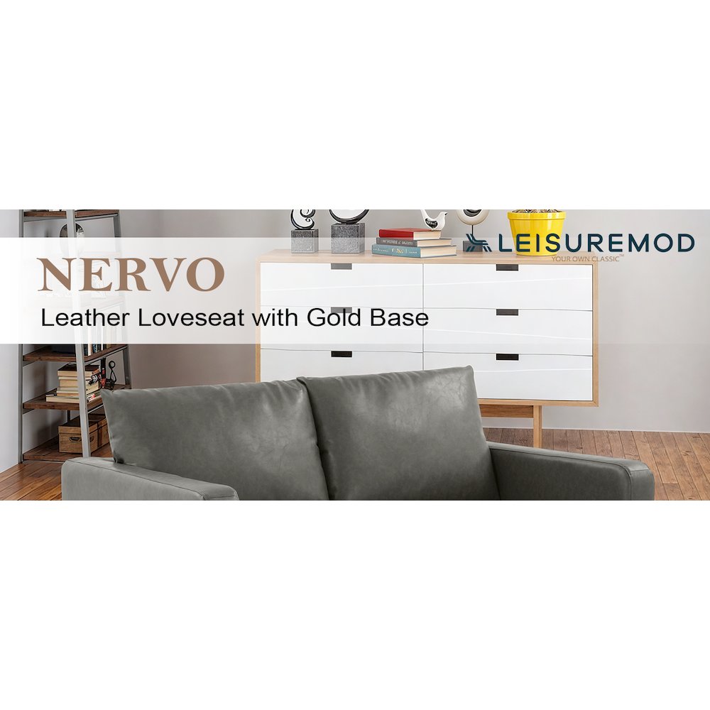 Nervo Modern Mid-Century Upholstered Leather Loveseat with Gold Frame