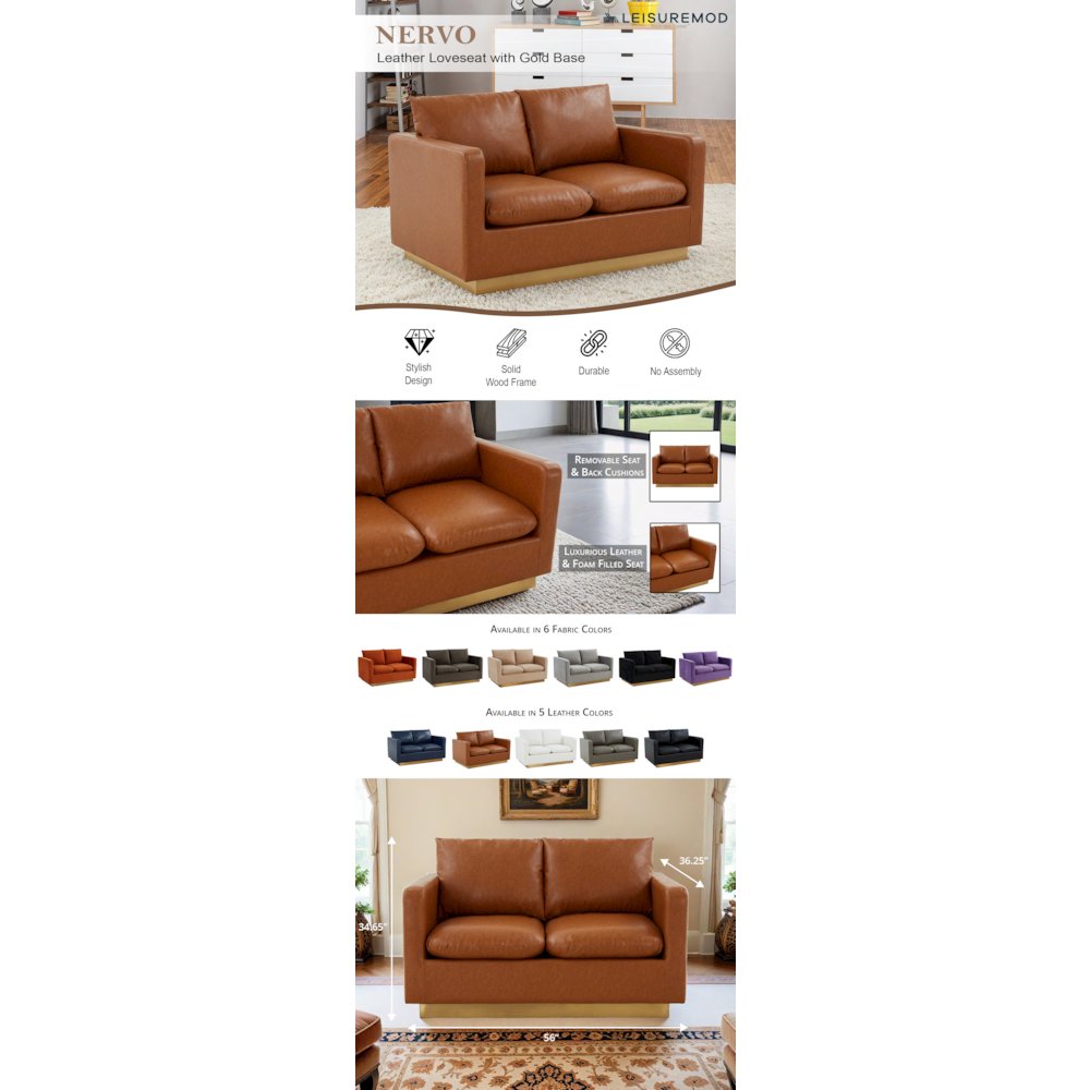 Nervo Modern Mid-Century Upholstered Leather Loveseat with Gold Frame