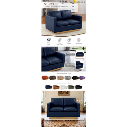 Nervo Modern Mid-Century Upholstered Leather Loveseat with Gold Frame