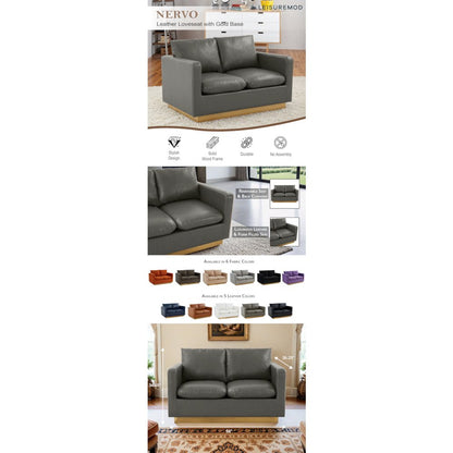 Nervo Modern Mid-Century Upholstered Leather Loveseat with Gold Frame