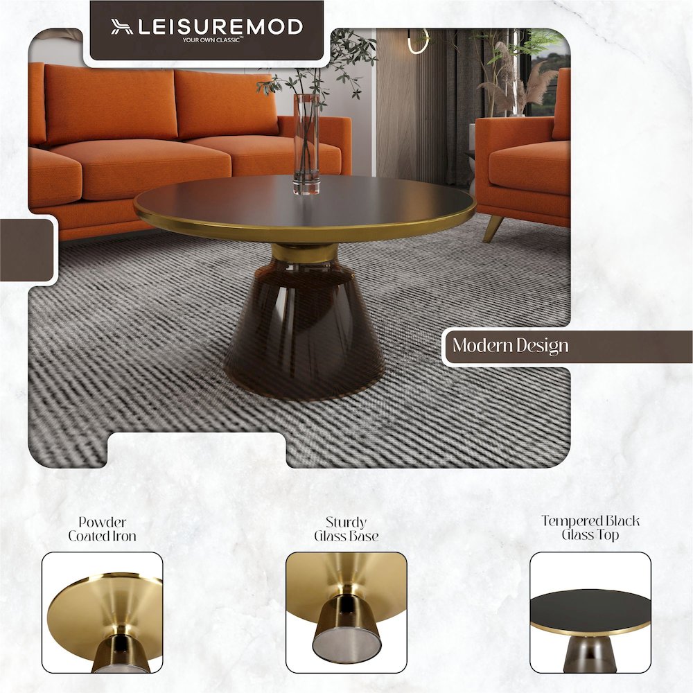 Tully Collection Glass Coffee Table Grey glass, Gold Rim with Black Glass top