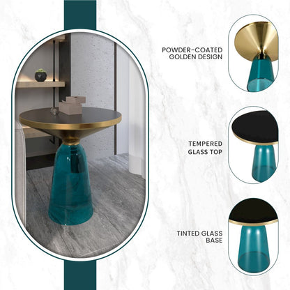 Tully Collection Glass side Table Blue glass, Gold Rim with Black Glass top
