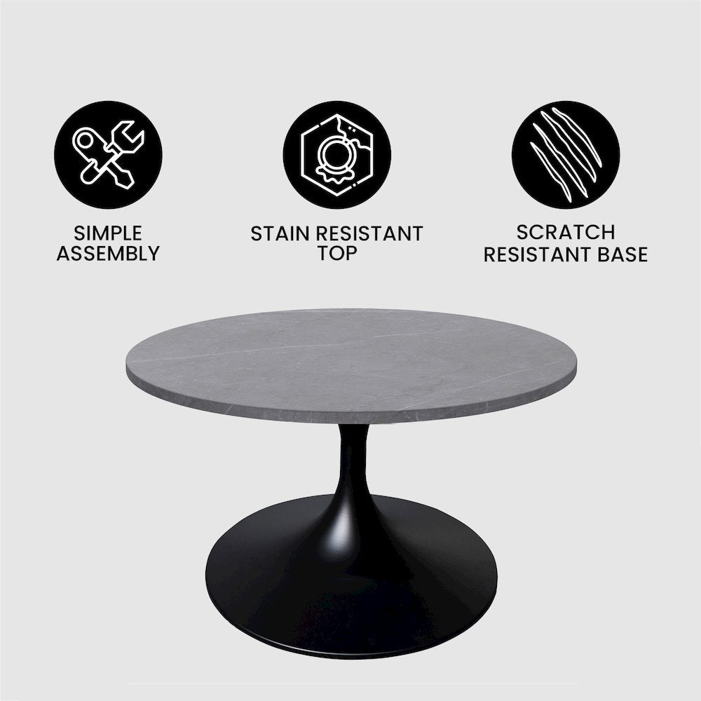 Verve Coffee Table Black base with 27" round Grey Sintered Stone top