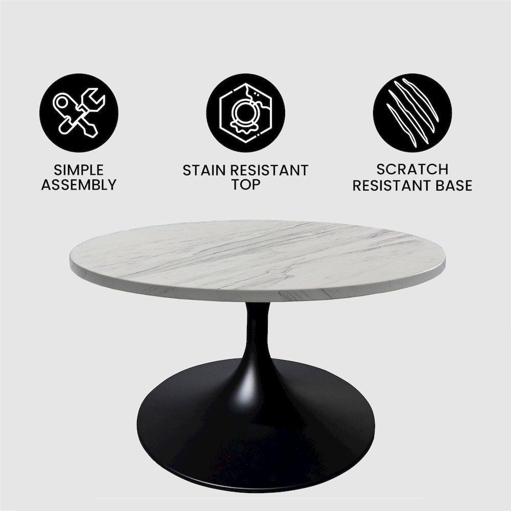 Verve Coffee Table Black base with 27" round White Marble Laminated top