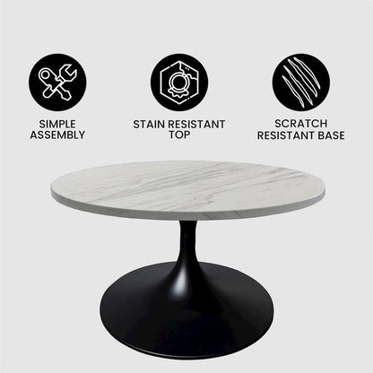 Verve Coffee Table Black base with 27" round White Marble Laminated top