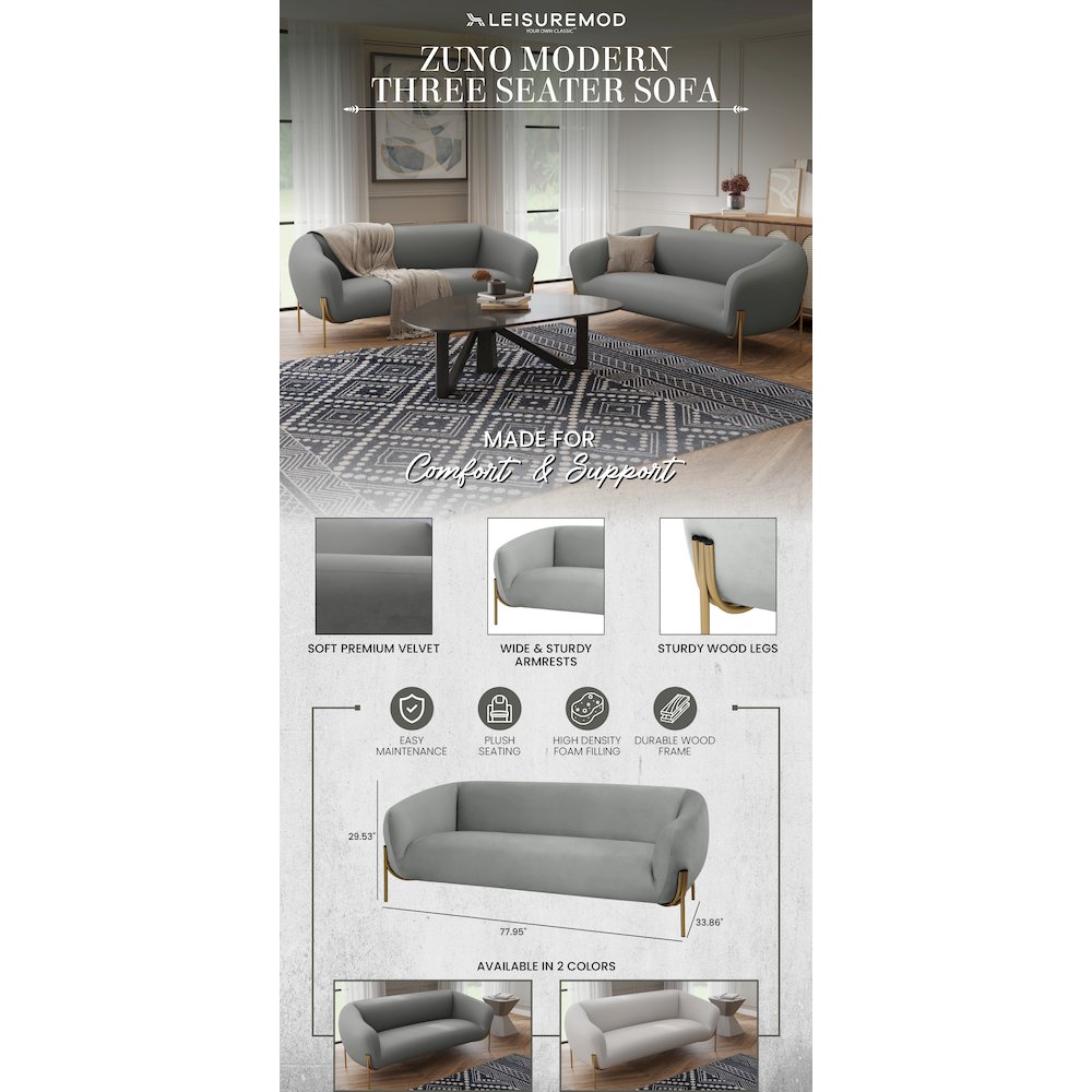 Zuno Three-Seater Sofa Upholstered in Velvet Wide Couch