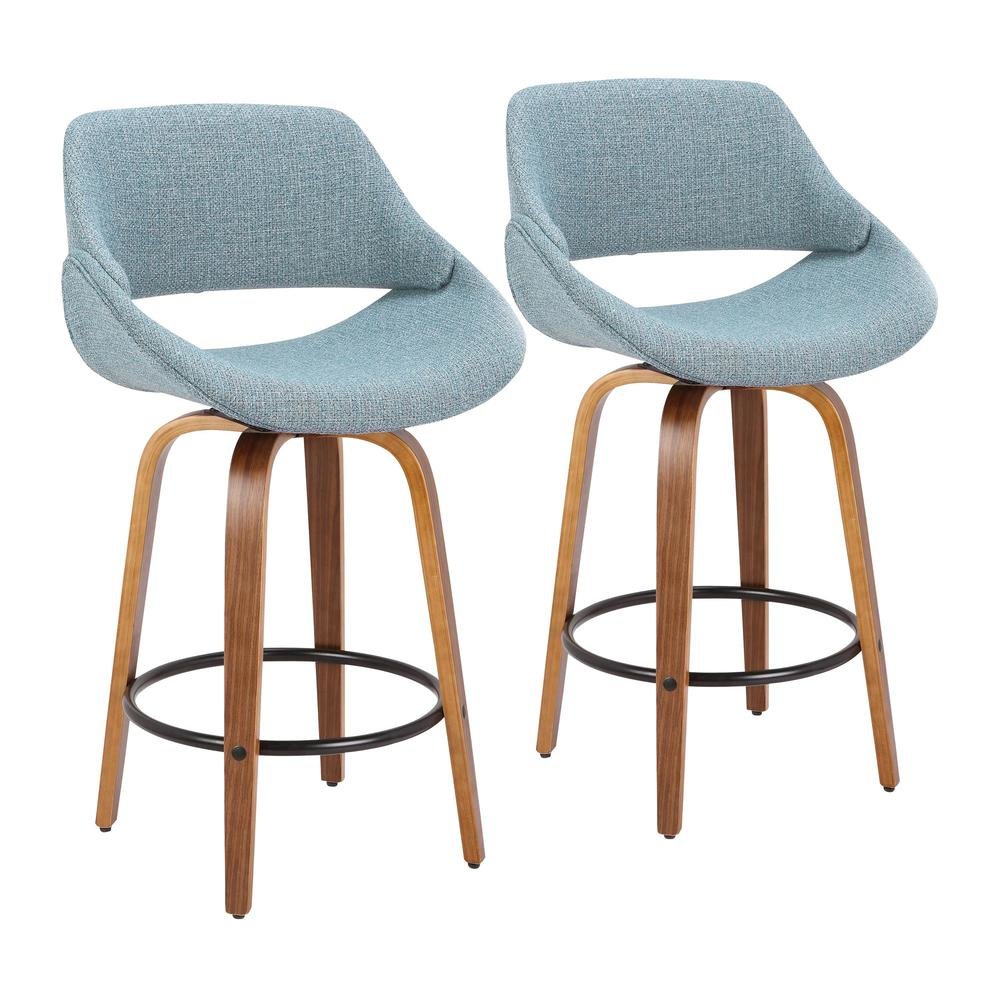 Walnut and Blue Noise Fabric Counter Stools, Mid-Century Modern Style, Set of 2